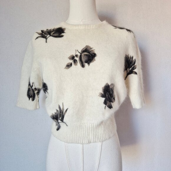 Vintage'90s Express Tricot Floral Rabbit Hair Blend Short Sleeve Sweater Ivory - Picture 2 of 11